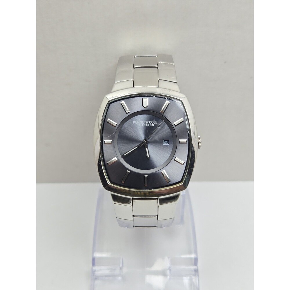 Kenneth Cole Reaction Mens Stainless Steel Blue Dial Date 35mm Watch New Battery